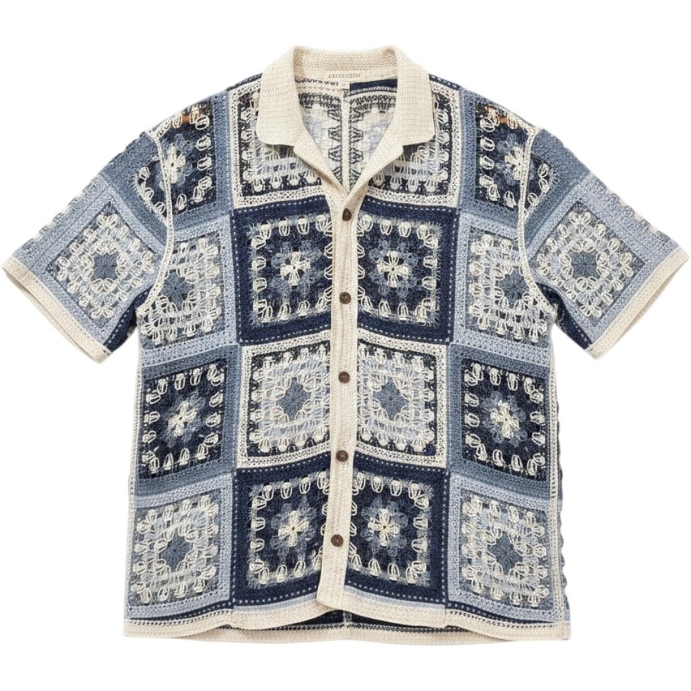 Crochet Patchwork Granny Square Camp Shirt Blue Cream by Norse Code Button Down